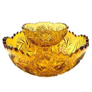 Antique 1920s Brockwitz ELEKTRA Pattern Pressed Glass Amber Bowl Compote Etched
